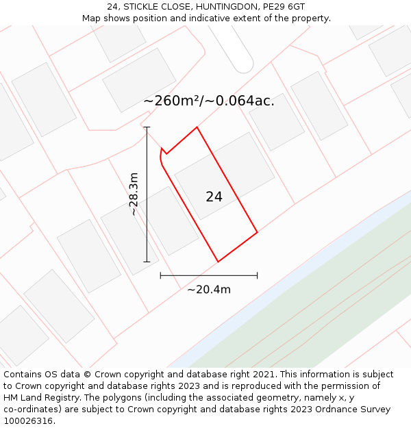 24, STICKLE CLOSE, HUNTINGDON, PE29 6GT: Plot and title map