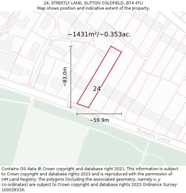 24, STREETLY LANE, SUTTON COLDFIELD, B74 4TU: Plot and title map