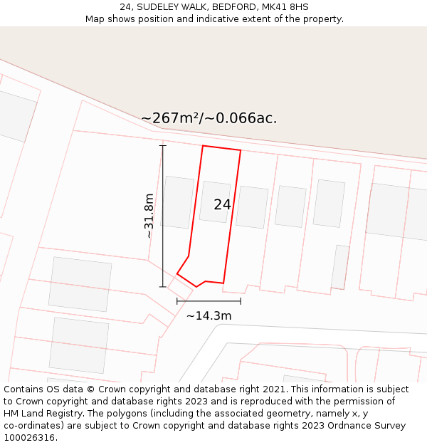 24, SUDELEY WALK, BEDFORD, MK41 8HS: Plot and title map