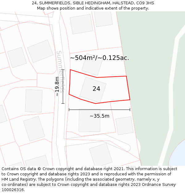 24, SUMMERFIELDS, SIBLE HEDINGHAM, HALSTEAD, CO9 3HS: Plot and title map