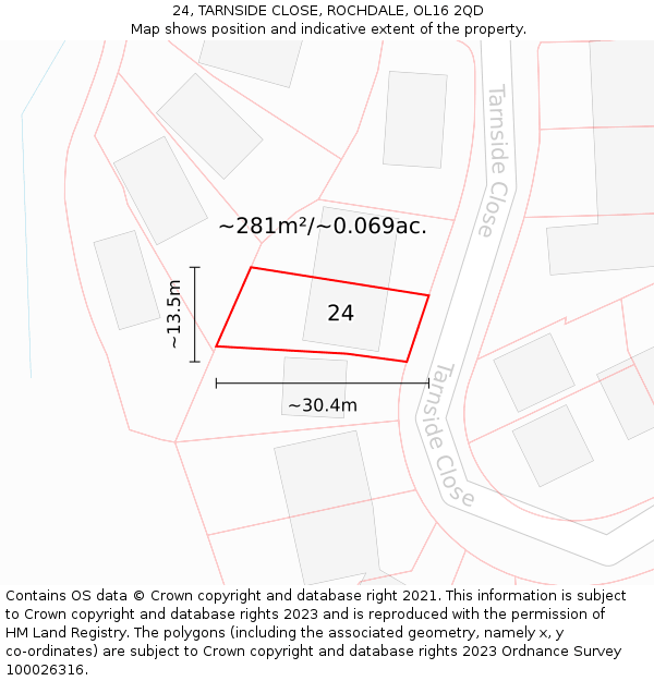 24, TARNSIDE CLOSE, ROCHDALE, OL16 2QD: Plot and title map