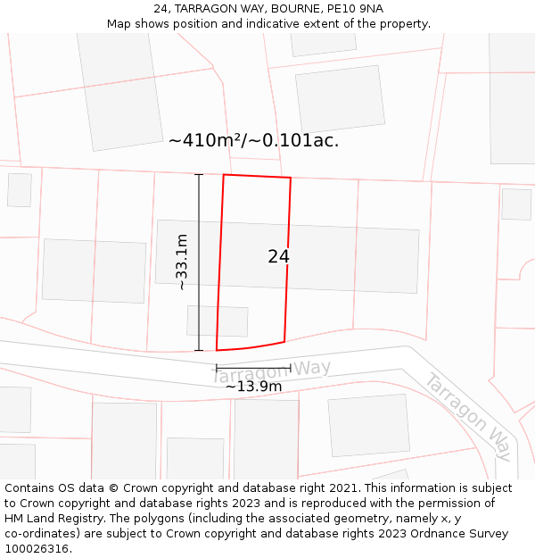 24, TARRAGON WAY, BOURNE, PE10 9NA: Plot and title map