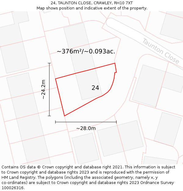 24, TAUNTON CLOSE, CRAWLEY, RH10 7XT: Plot and title map