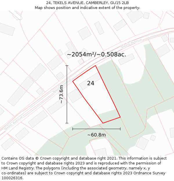 24, TEKELS AVENUE, CAMBERLEY, GU15 2LB: Plot and title map