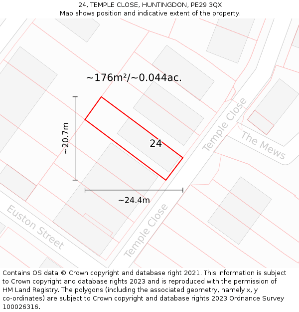 24, TEMPLE CLOSE, HUNTINGDON, PE29 3QX: Plot and title map