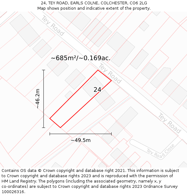 24, TEY ROAD, EARLS COLNE, COLCHESTER, CO6 2LG: Plot and title map