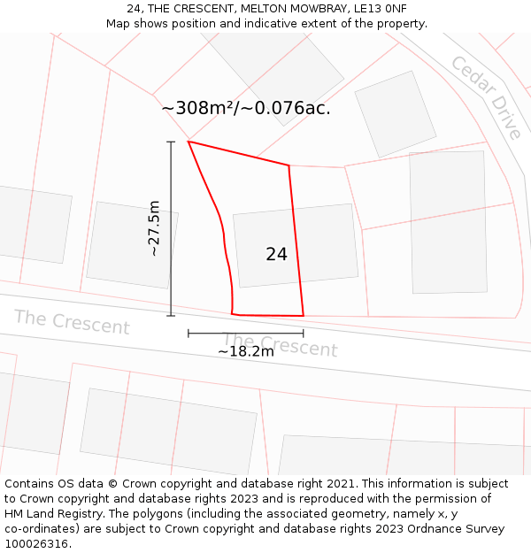 24, THE CRESCENT, MELTON MOWBRAY, LE13 0NF: Plot and title map