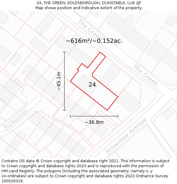 24, THE GREEN, EDLESBOROUGH, DUNSTABLE, LU6 2JF: Plot and title map