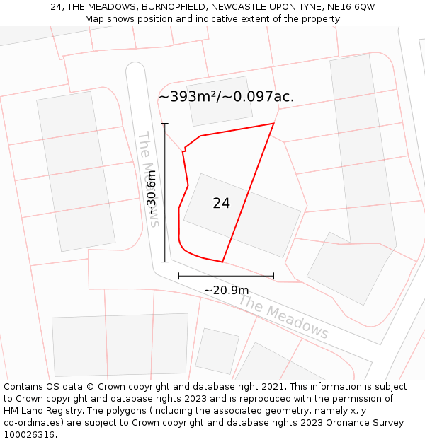 24, THE MEADOWS, BURNOPFIELD, NEWCASTLE UPON TYNE, NE16 6QW: Plot and title map