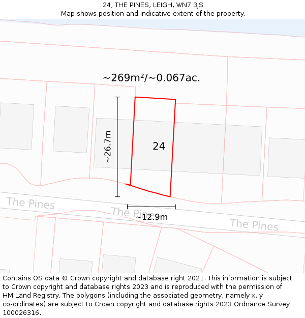 24, THE PINES, LEIGH, WN7 3JS: Plot and title map