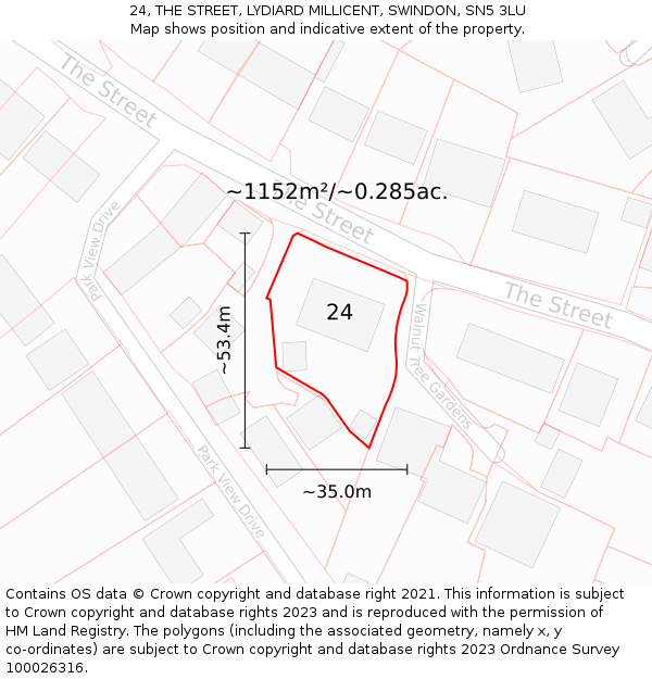 24, THE STREET, LYDIARD MILLICENT, SWINDON, SN5 3LU: Plot and title map