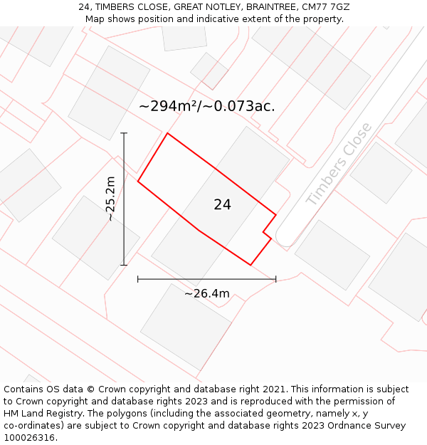 24, TIMBERS CLOSE, GREAT NOTLEY, BRAINTREE, CM77 7GZ: Plot and title map