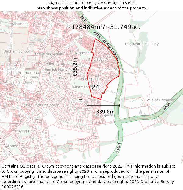 24, TOLETHORPE CLOSE, OAKHAM, LE15 6GF: Plot and title map