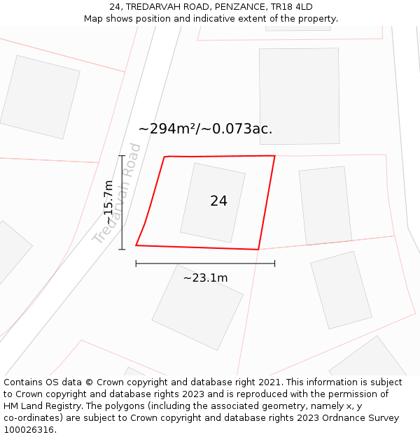 24, TREDARVAH ROAD, PENZANCE, TR18 4LD: Plot and title map