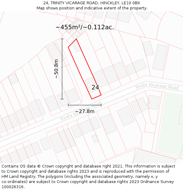 24, TRINITY VICARAGE ROAD, HINCKLEY, LE10 0BX: Plot and title map