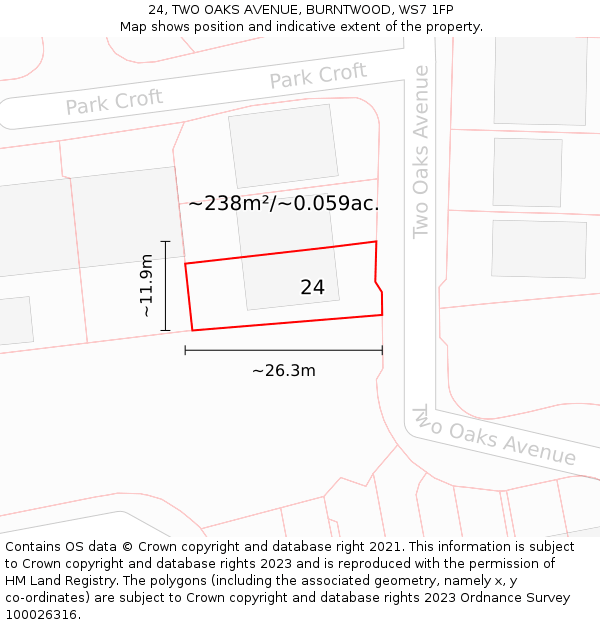 24, TWO OAKS AVENUE, BURNTWOOD, WS7 1FP: Plot and title map