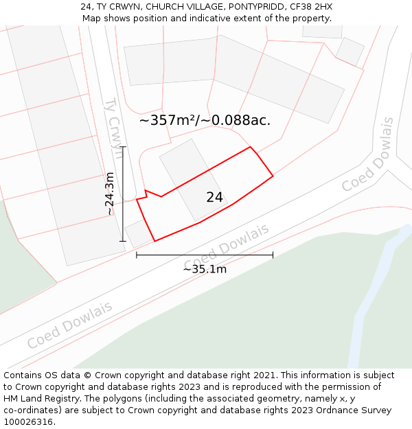 24, TY CRWYN, CHURCH VILLAGE, PONTYPRIDD, CF38 2HX: Plot and title map