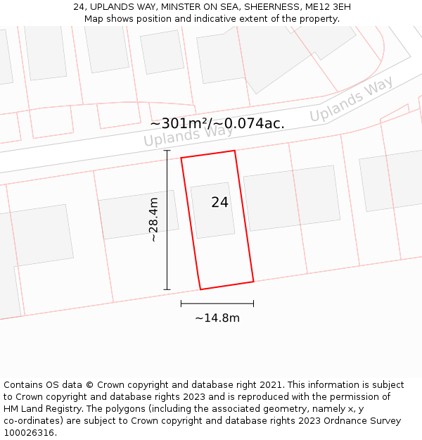 24, UPLANDS WAY, MINSTER ON SEA, SHEERNESS, ME12 3EH: Plot and title map