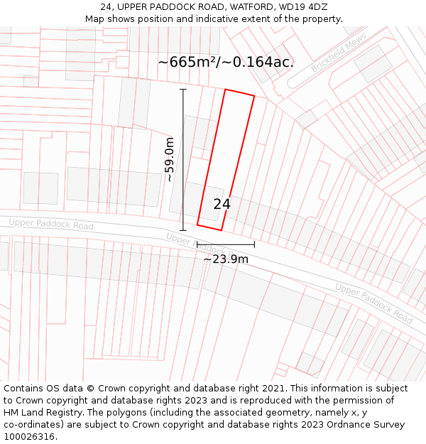 24, UPPER PADDOCK ROAD, WATFORD, WD19 4DZ: Plot and title map