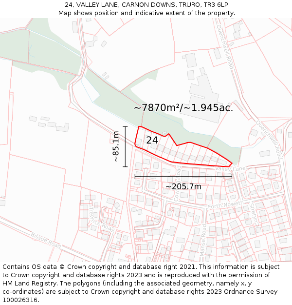 24, VALLEY LANE, CARNON DOWNS, TRURO, TR3 6LP: Plot and title map