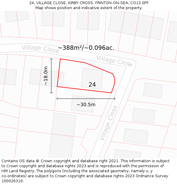 24, VILLAGE CLOSE, KIRBY CROSS, FRINTON-ON-SEA, CO13 0PF: Plot and title map