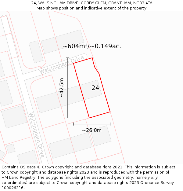 24, WALSINGHAM DRIVE, CORBY GLEN, GRANTHAM, NG33 4TA: Plot and title map