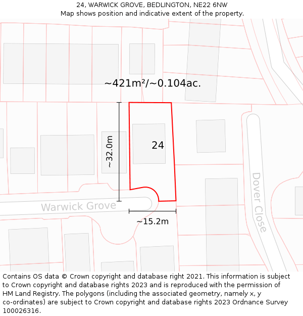 24, WARWICK GROVE, BEDLINGTON, NE22 6NW: Plot and title map