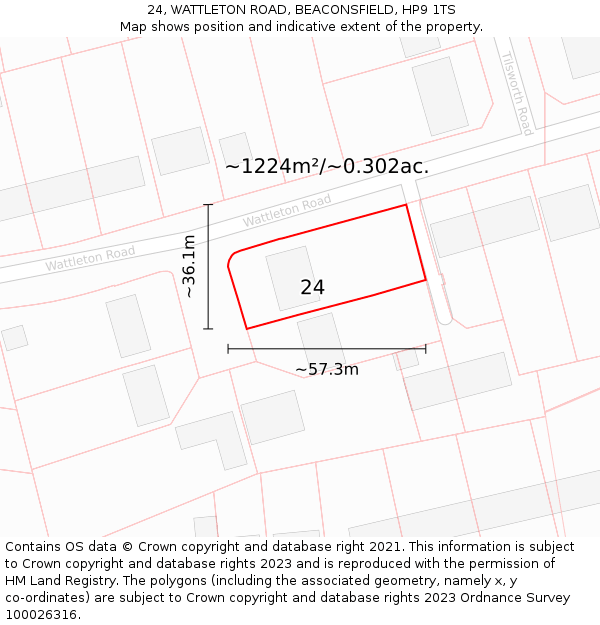 24, WATTLETON ROAD, BEACONSFIELD, HP9 1TS: Plot and title map