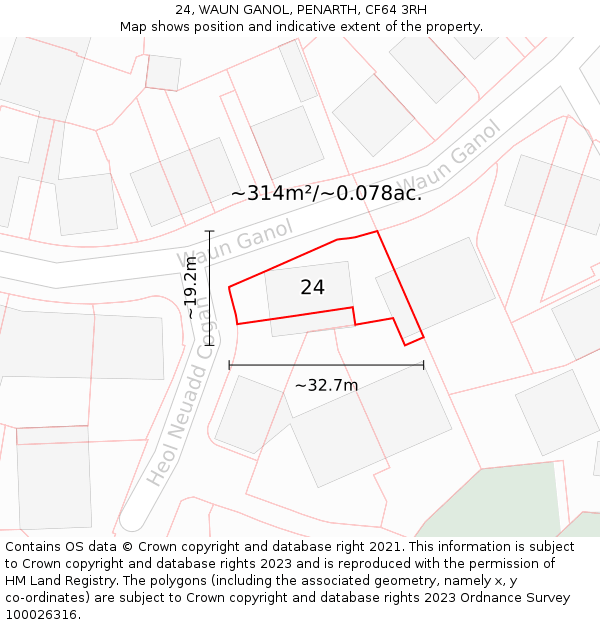 24, WAUN GANOL, PENARTH, CF64 3RH: Plot and title map