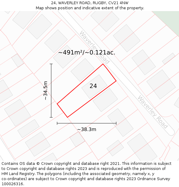 24, WAVERLEY ROAD, RUGBY, CV21 4NW: Plot and title map