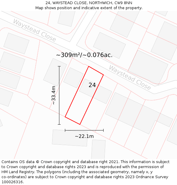 24, WAYSTEAD CLOSE, NORTHWICH, CW9 8NN: Plot and title map