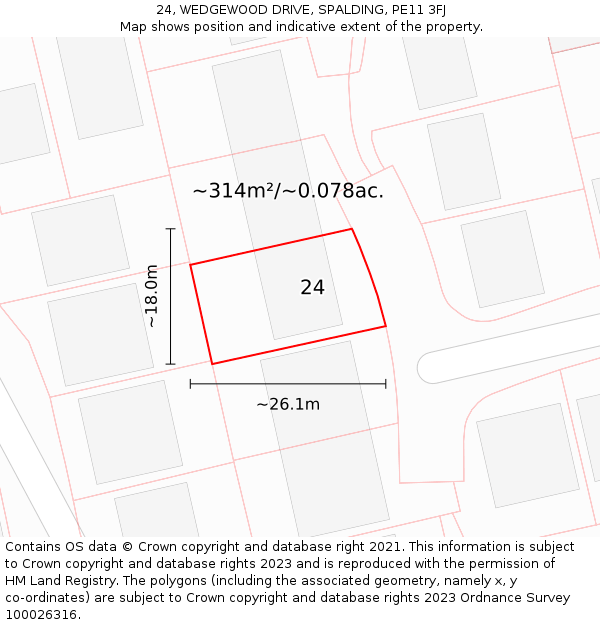 24, WEDGEWOOD DRIVE, SPALDING, PE11 3FJ: Plot and title map