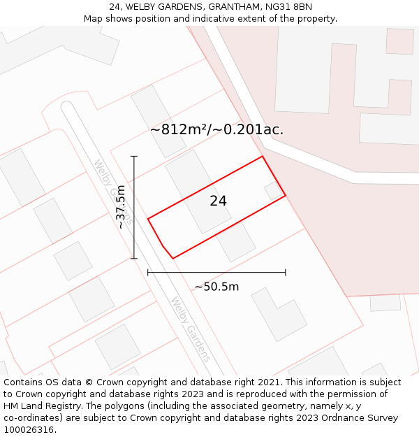 24, WELBY GARDENS, GRANTHAM, NG31 8BN: Plot and title map