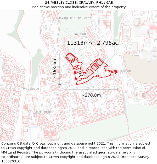 24, WESLEY CLOSE, CRAWLEY, RH11 6AE: Plot and title map