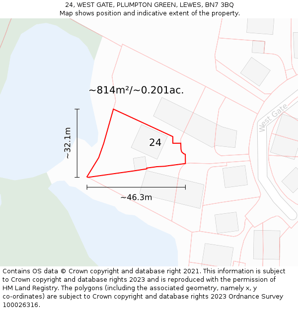 24, WEST GATE, PLUMPTON GREEN, LEWES, BN7 3BQ: Plot and title map