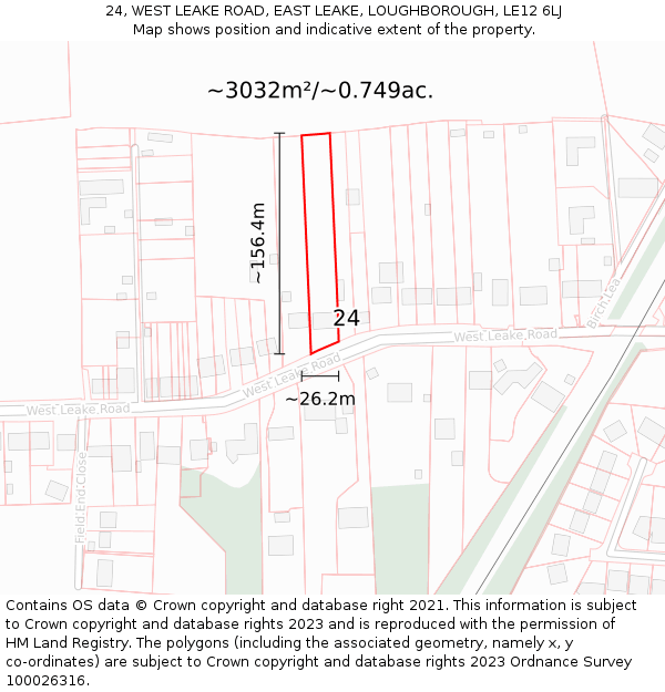 24, WEST LEAKE ROAD, EAST LEAKE, LOUGHBOROUGH, LE12 6LJ: Plot and title map