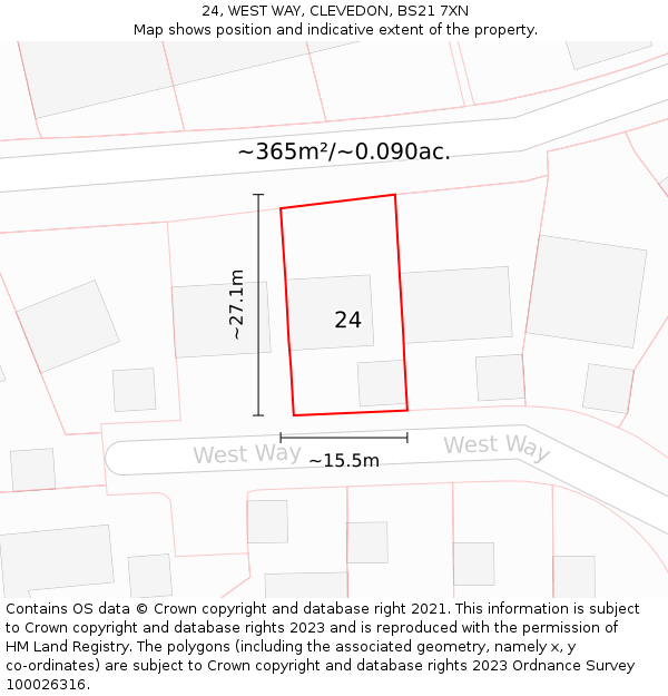 24, WEST WAY, CLEVEDON, BS21 7XN: Plot and title map