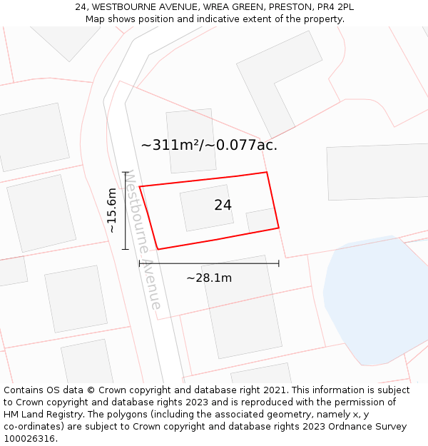 24, WESTBOURNE AVENUE, WREA GREEN, PRESTON, PR4 2PL: Plot and title map