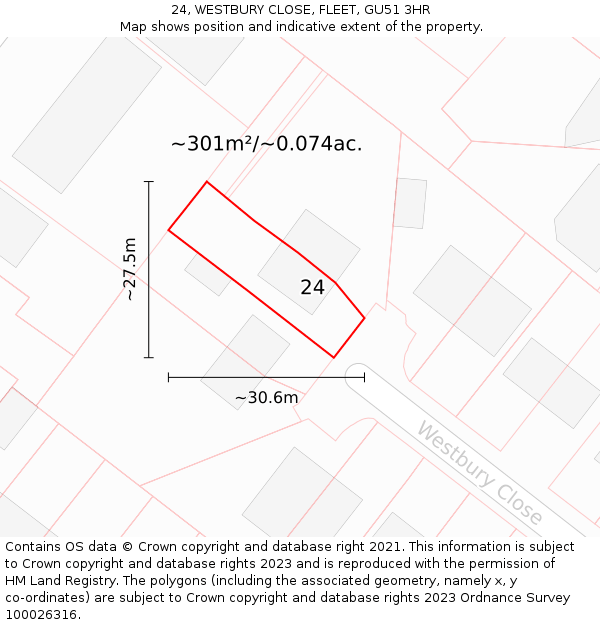 24, WESTBURY CLOSE, FLEET, GU51 3HR: Plot and title map