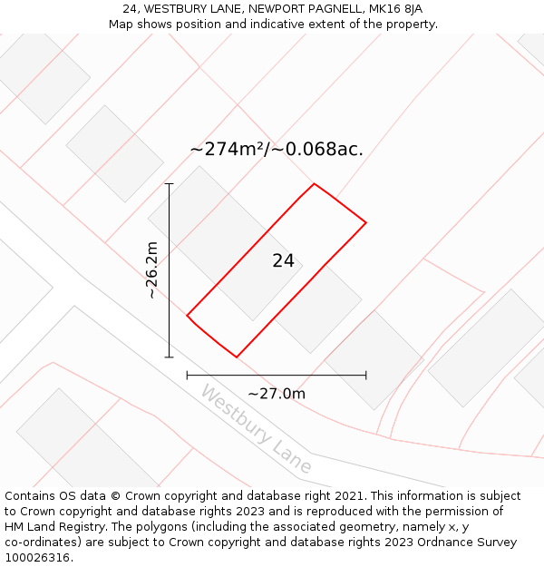 24, WESTBURY LANE, NEWPORT PAGNELL, MK16 8JA: Plot and title map