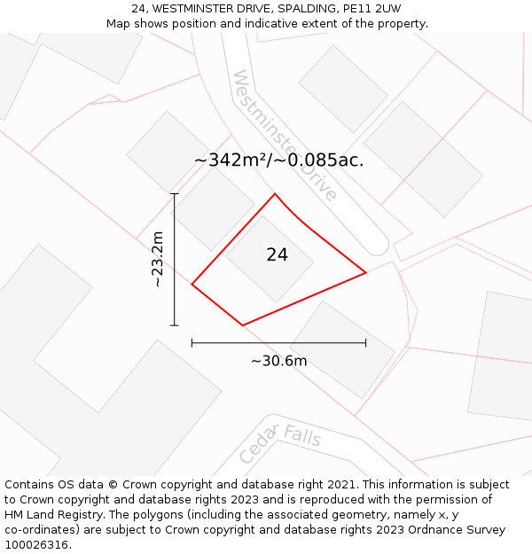 24, WESTMINSTER DRIVE, SPALDING, PE11 2UW: Plot and title map