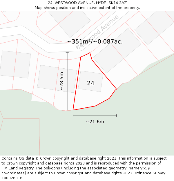 24, WESTWOOD AVENUE, HYDE, SK14 3AZ: Plot and title map