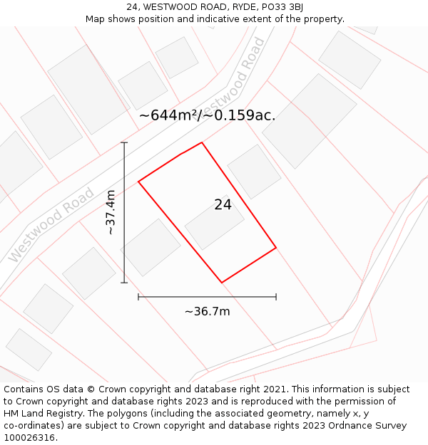 24, WESTWOOD ROAD, RYDE, PO33 3BJ: Plot and title map