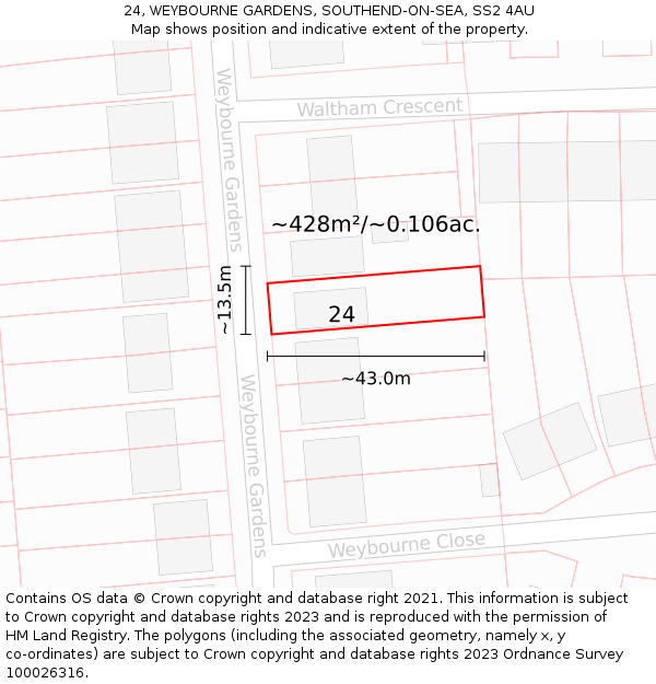 24, WEYBOURNE GARDENS, SOUTHEND-ON-SEA, SS2 4AU: Plot and title map