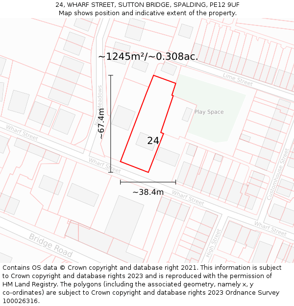 24, WHARF STREET, SUTTON BRIDGE, SPALDING, PE12 9UF: Plot and title map