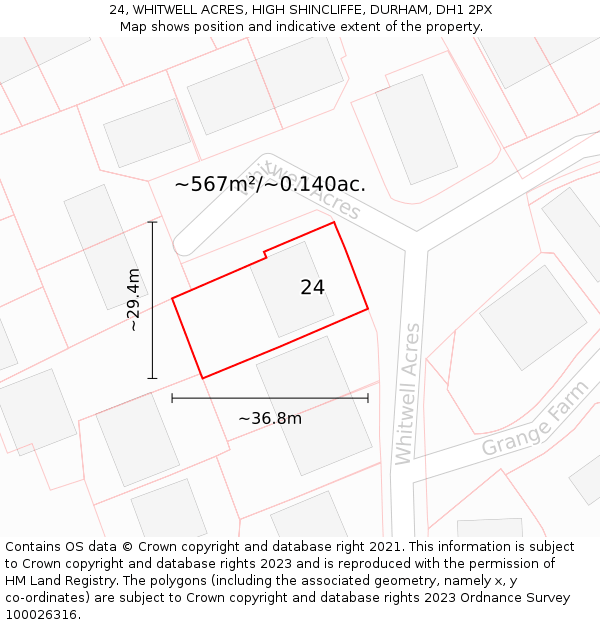 24, WHITWELL ACRES, HIGH SHINCLIFFE, DURHAM, DH1 2PX: Plot and title map