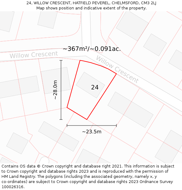 24, WILLOW CRESCENT, HATFIELD PEVEREL, CHELMSFORD, CM3 2LJ: Plot and title map