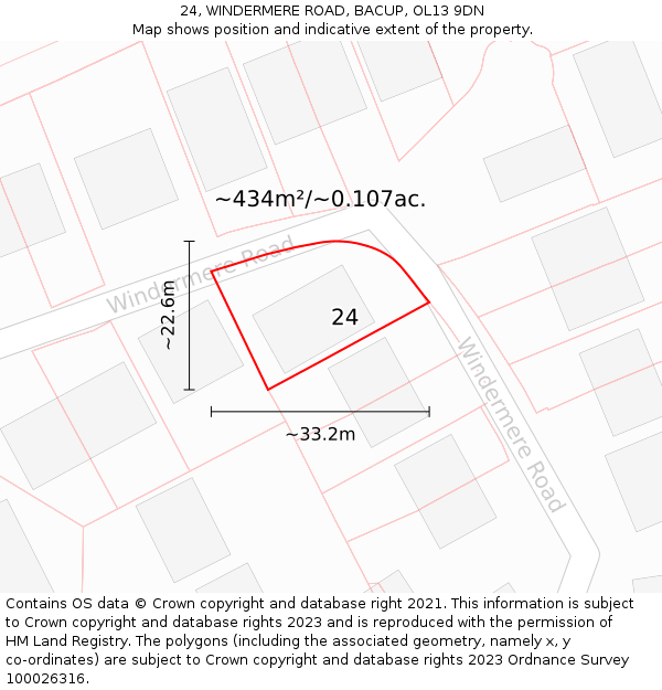 24, WINDERMERE ROAD, BACUP, OL13 9DN: Plot and title map