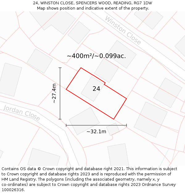 24, WINSTON CLOSE, SPENCERS WOOD, READING, RG7 1DW: Plot and title map