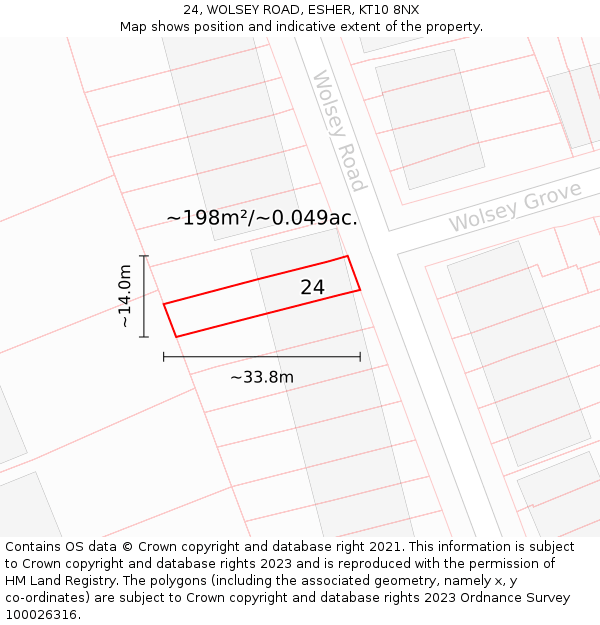 24, WOLSEY ROAD, ESHER, KT10 8NX: Plot and title map